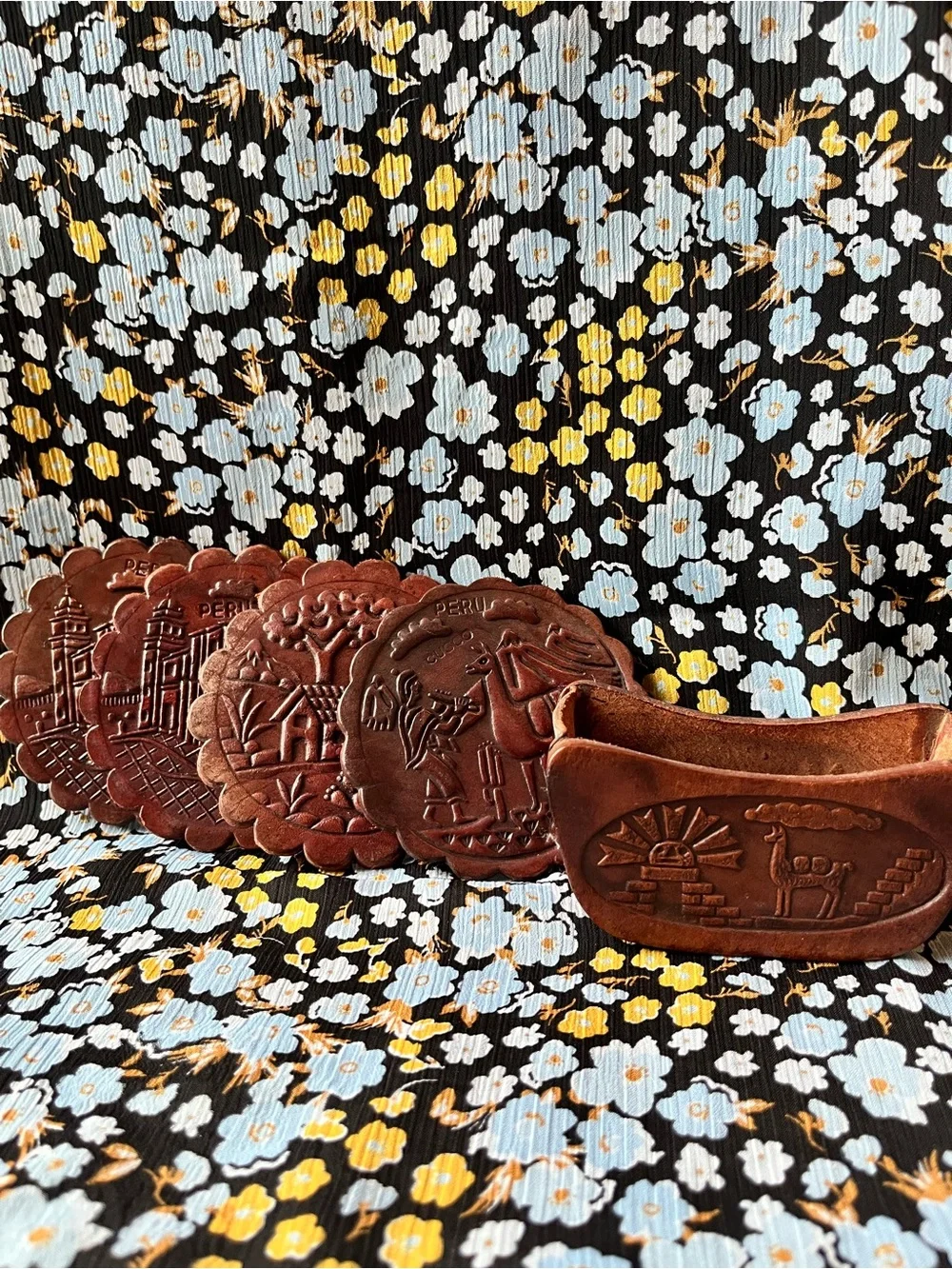 Vintage Handcrafted Peruvian Leather Coaster (4) set with Holder
